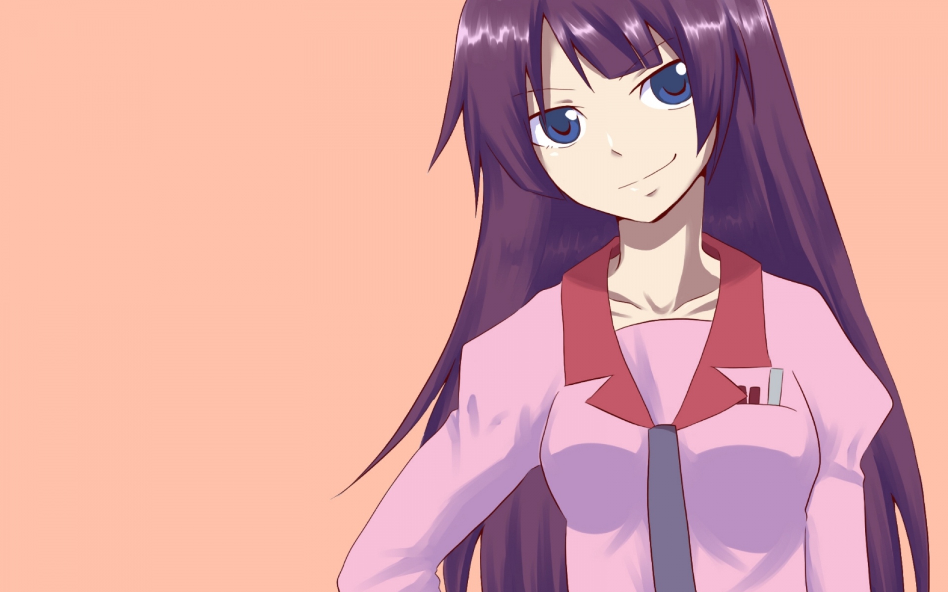 Картинки Bakemonogatari, senjougahara hitagi, девушка, улыбка, галстук, рубашка фото и обои на рабочий стол
