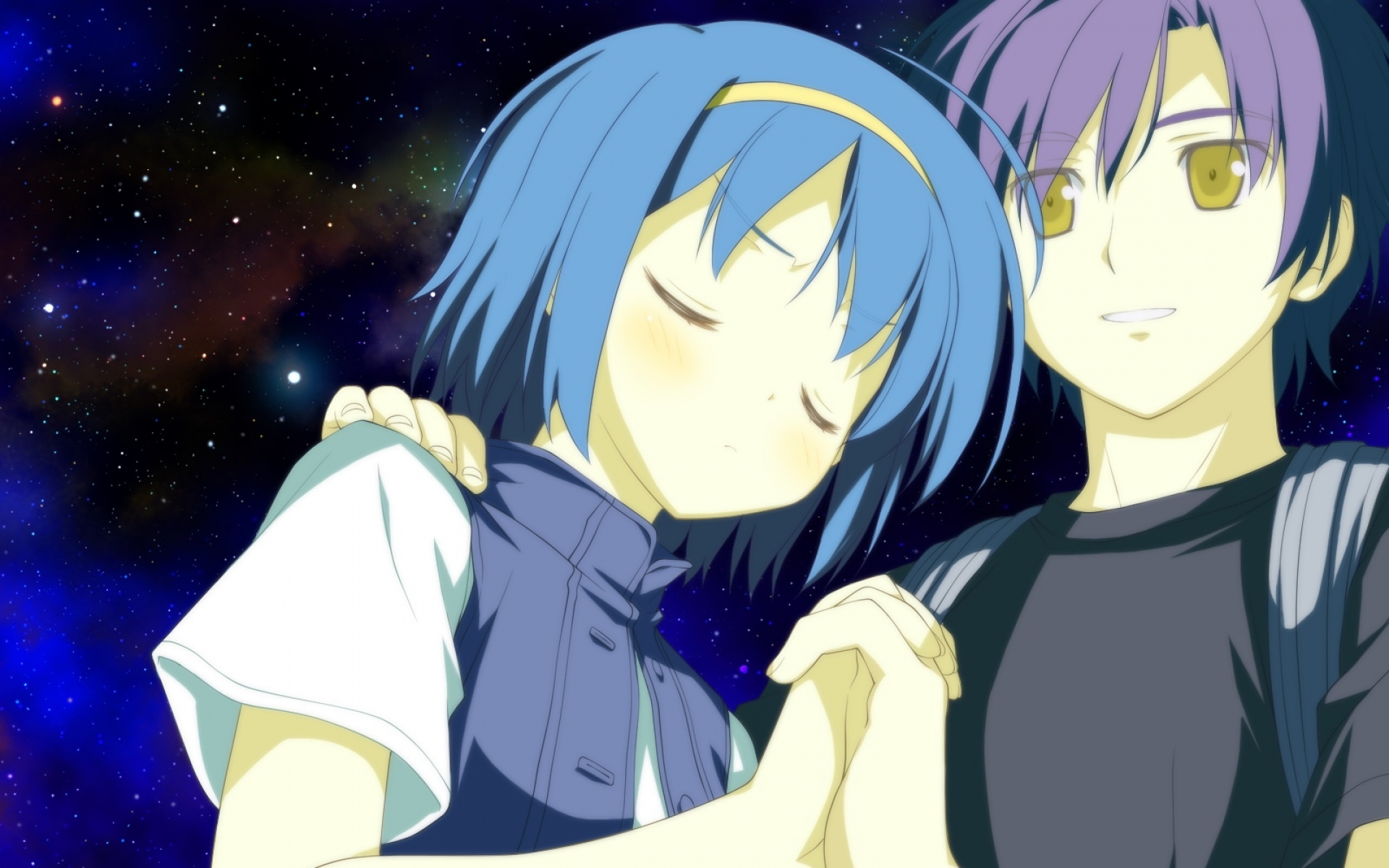 Картинки Shida kazuhiro, hoshizora no memoria, aoi isuzu, мальчик, девушка, ночное небо фото и обои на рабочий стол