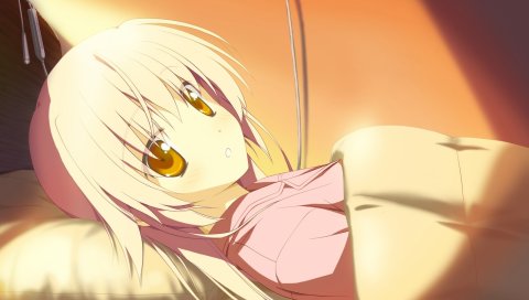 Shida kazuhiro, hoshizora no memoria, oototsu yume, девушка, румянец, кровать, подушка, провода, пижамы