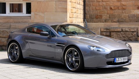 Aston martin, v8, vantage, 2009, серый, вид сбоку, кабриолет, стиль, здание