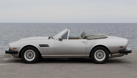 Aston martin, v8, volante, 1977, серый, вид сбоку, кабриолет, море