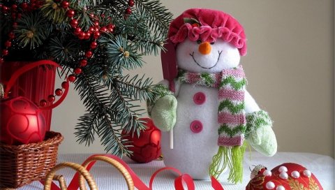 Новый год, рождество, снеговик, ветки, санки, рождественские украшения