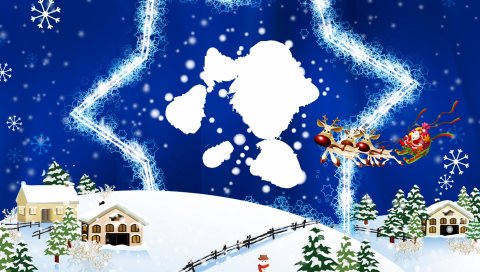 Новый год, рождество, открытка, звезда, олень, Санта-Клаус, полет, красочно
