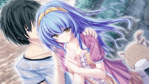 Tenmaso, suzukaze no melt, hiiragi tsukino, девушка, пара, кошка, дождь