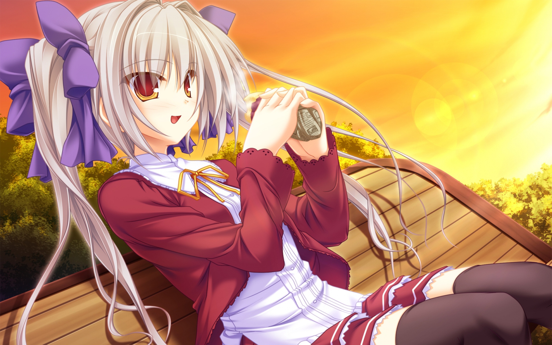 Картинки Zettai ryouiki, whirlpool, meri chri, ituki kirara, чулки, юбка, пояс, закат, еда фото и обои на рабочий стол