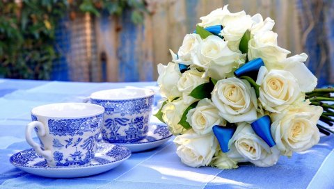 Розы, цветы, белый, цветок, лента, стол, чайные пары