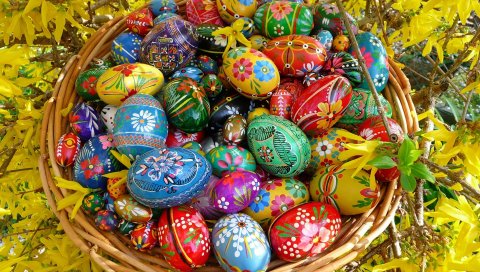 Пасхальные яйца, корзины, много, ветви, цветение