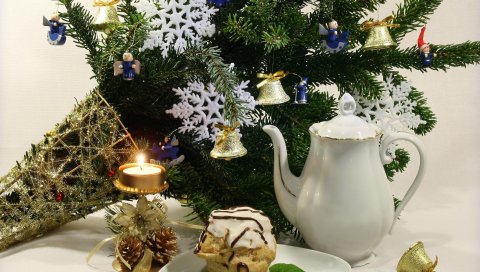 Рождество, новый год, праздник, иголки, игрушки, колокола, кувшин, торт, снежинка