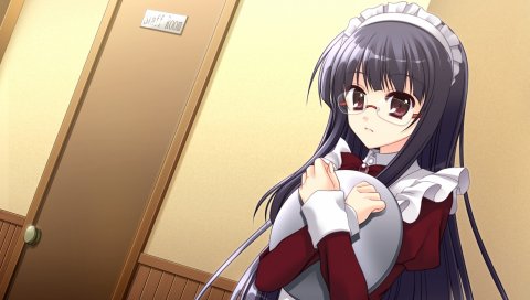 Девушка, брюнетка, очки, горничная, поднос