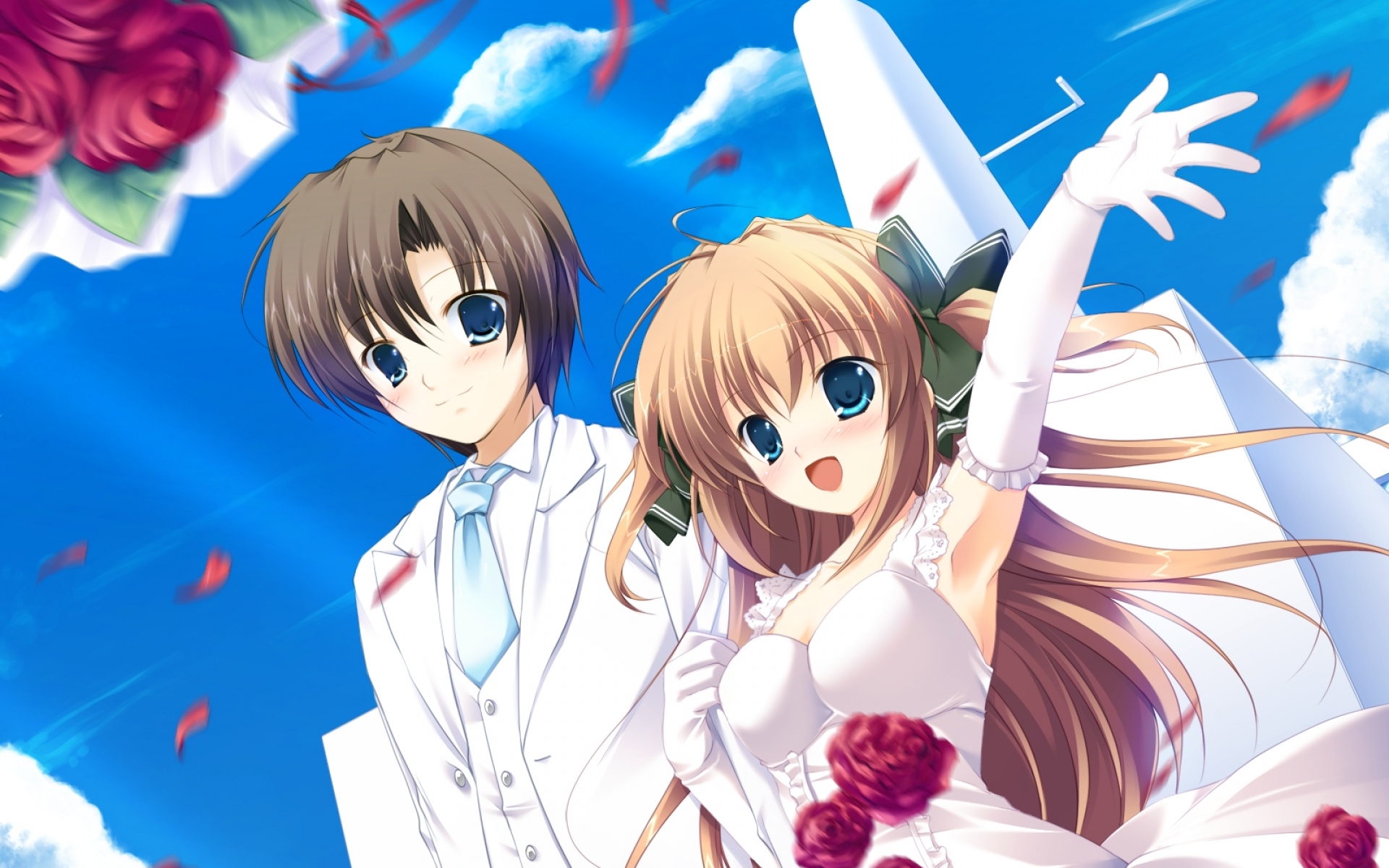 Картинки Mikeou, nanairo kouro, asuka mirai, девушка, парень, свадьба, цветы, радость фото и обои на рабочий стол