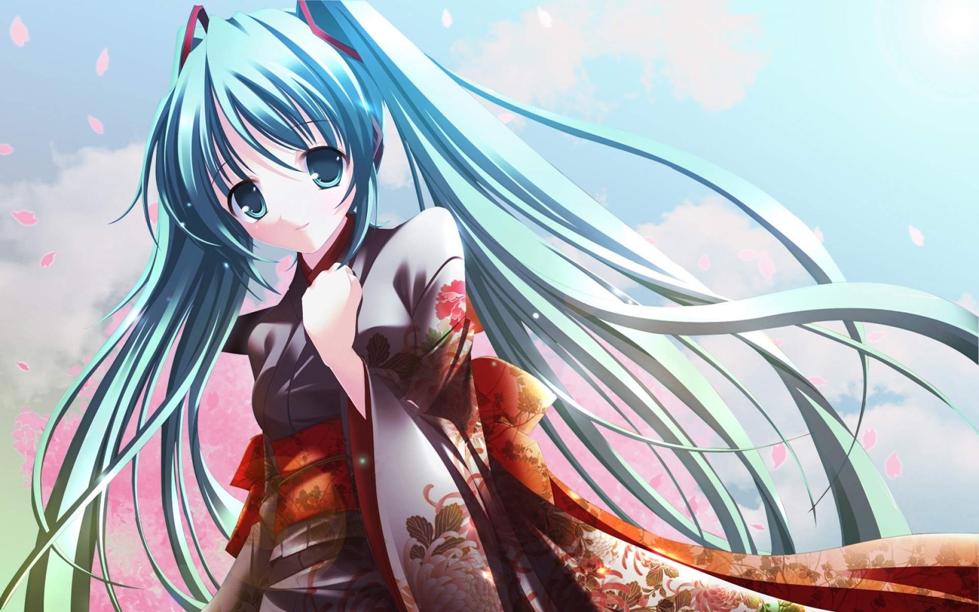 Картинки Вокалоид, hatsune miku, девушка, кимоно, лепестки фото и обои на рабочий стол