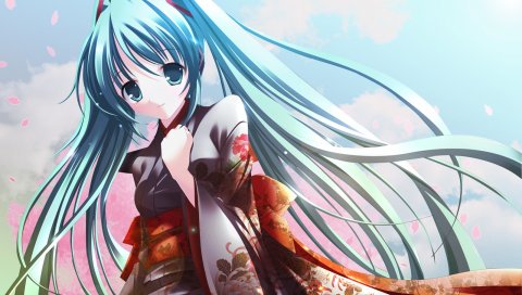 Вокалоид, hatsune miku, девушка, кимоно, лепестки