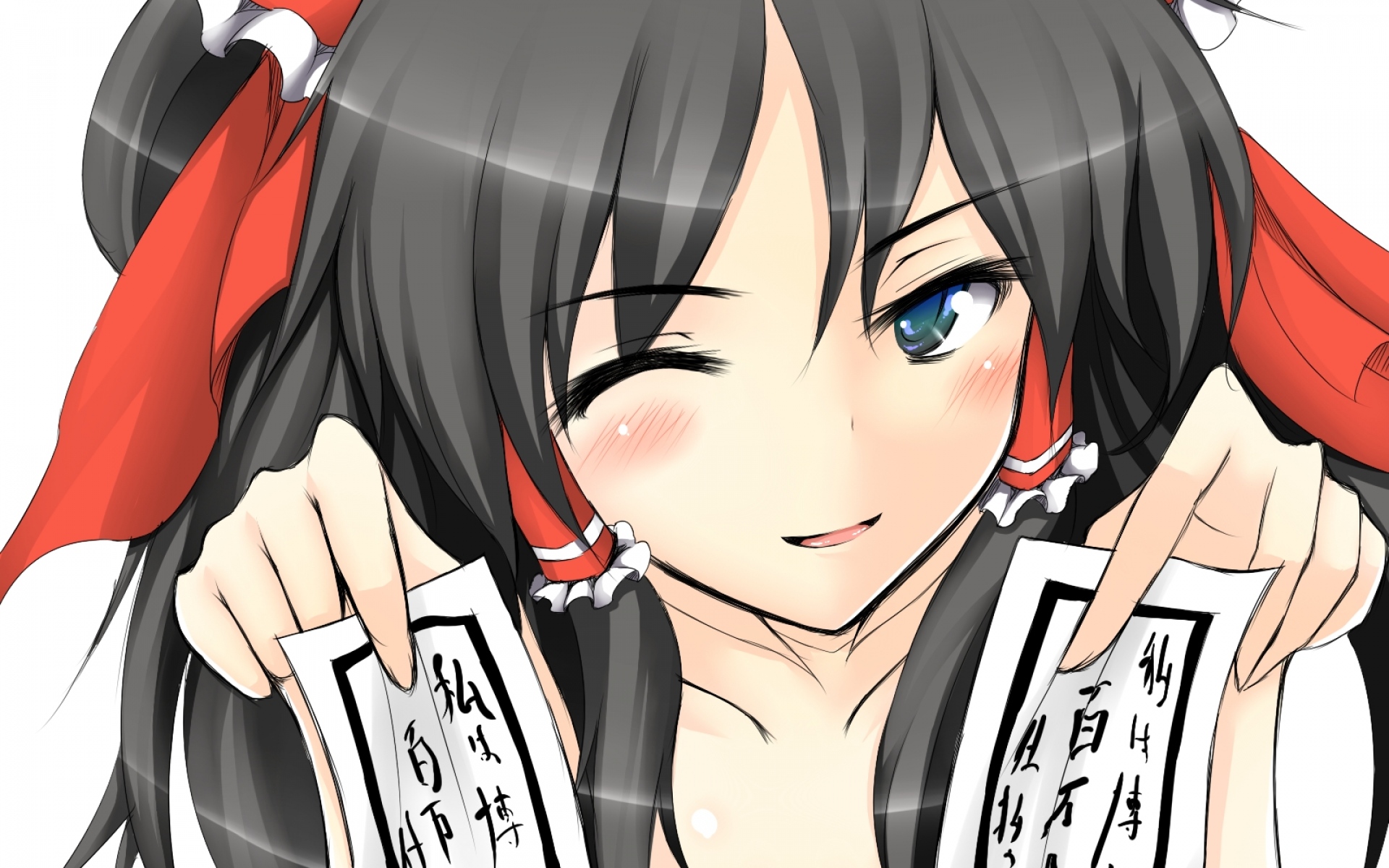 Картинки Kamikage kirino, hakurei reimu, девушка, брюнетка, footsie, bang, румянец фото и обои на рабочий стол