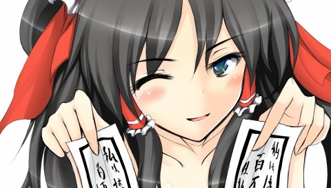 Kamikage kirino, hakurei reimu, девушка, брюнетка, footsie, bang, румянец