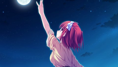 Tenmaso, suzukaze no melt, tsubaki nazuna, девушка, луна, небо, ночь, рука