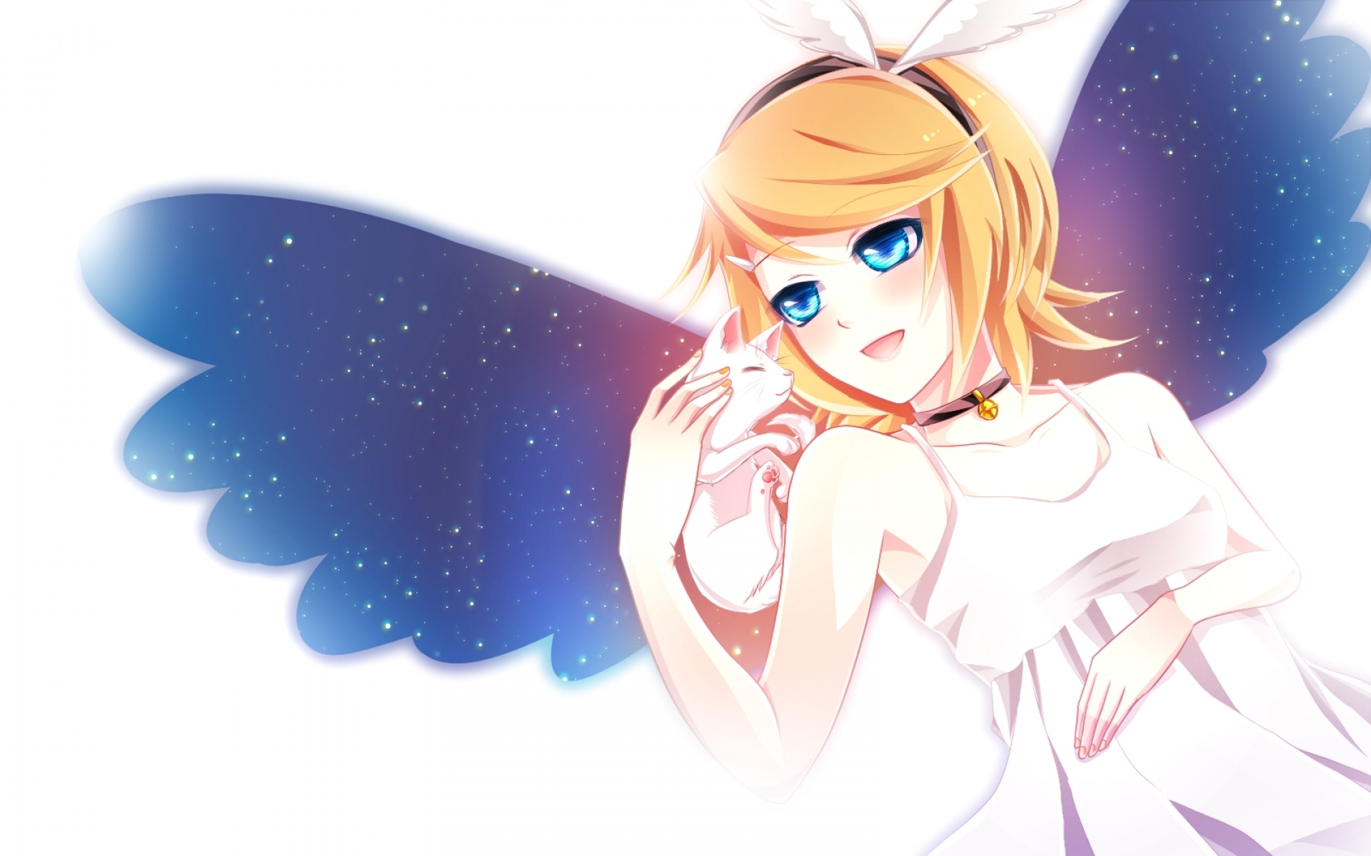 Картинки Heki kiri, kagamine rin, девушка, блондинка, крылья, кошка, звездное небо фото и обои на рабочий стол