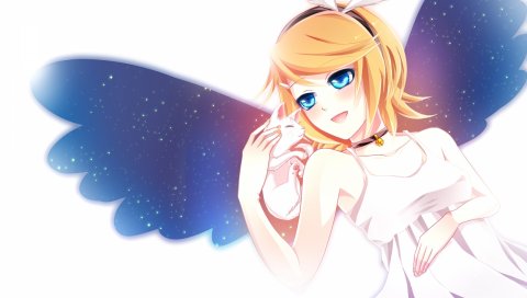 Heki kiri, kagamine rin, девушка, блондинка, крылья, кошка, звездное небо