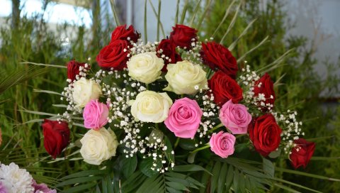 Розы, цветы, букет, украшение, гипсофила, красота