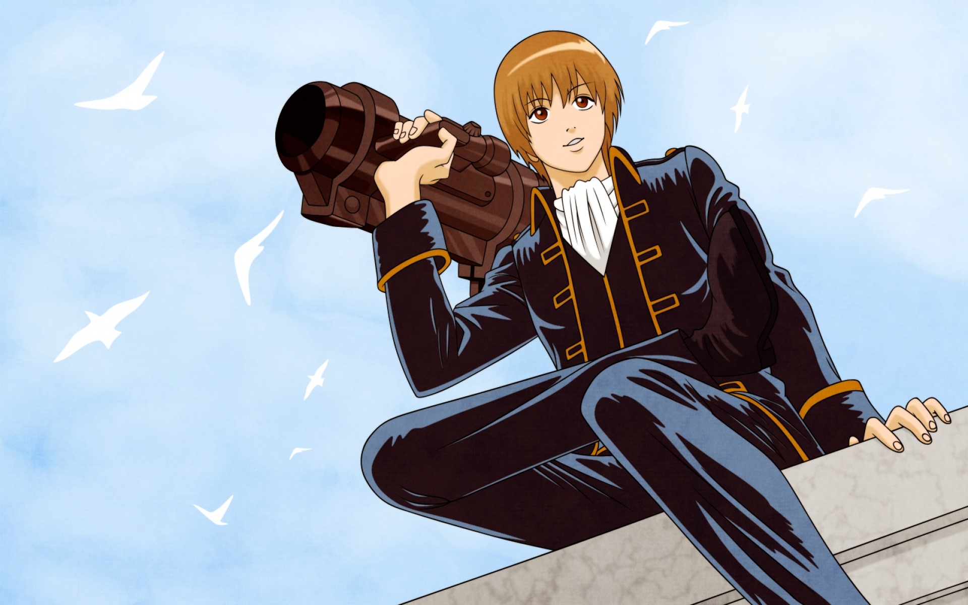 Картинки Gintama, okita sougo, мальчик, небо, оружие, птицы фото и обои на рабочий стол