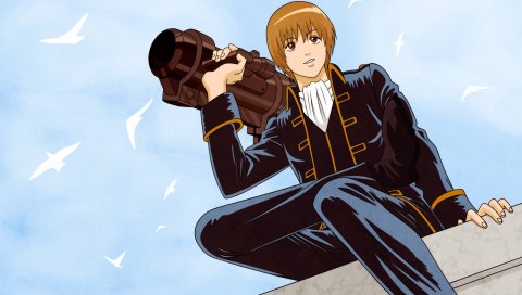 Gintama, okita sougo, мальчик, небо, оружие, птицы