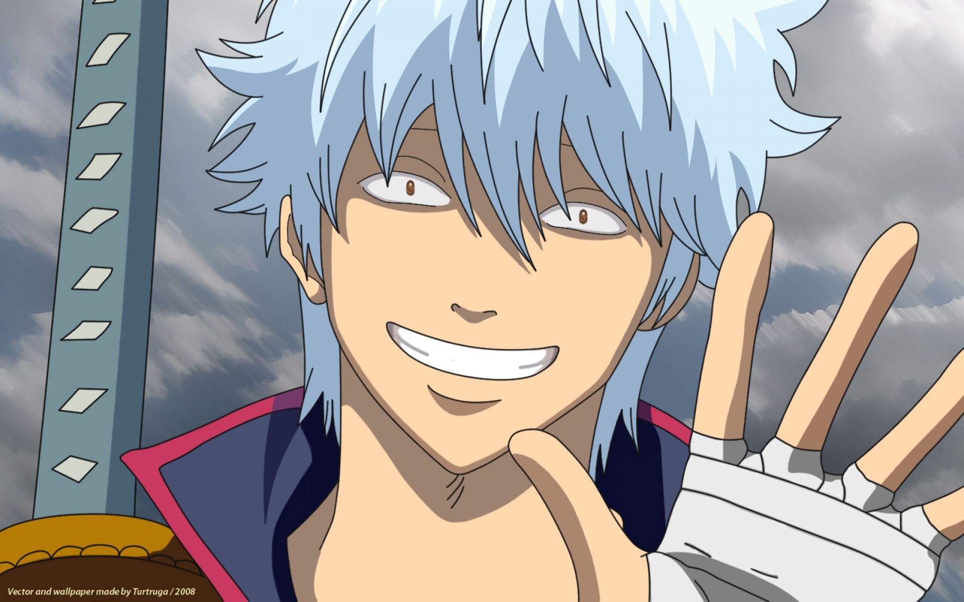 Картинки Gintama, sakata gintoki, человек, меч, приветствие, улыбка фото и обои на рабочий стол