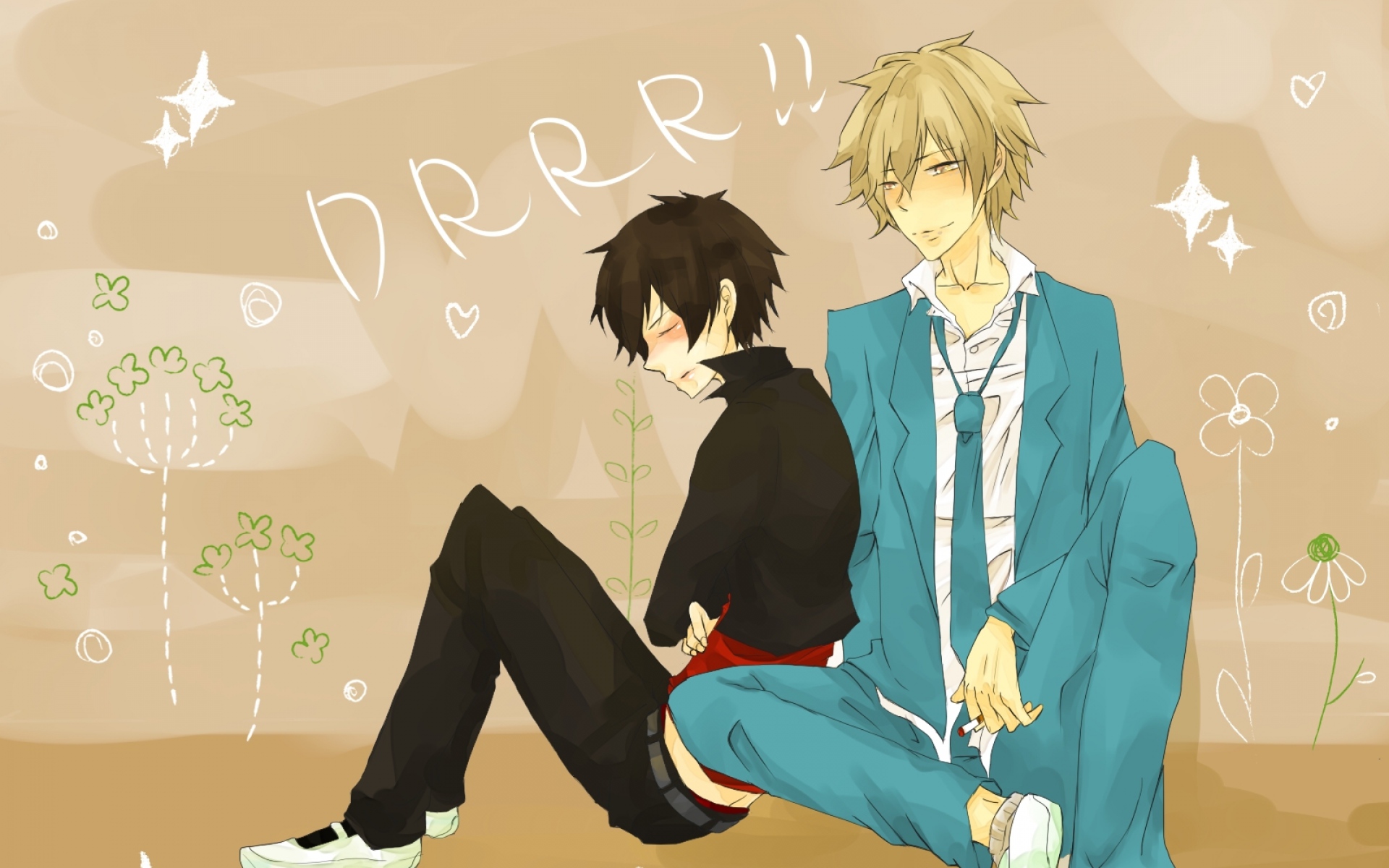 Картинки Anon, durarara, orihara izaya, heiwajima shizuo, стена, надписи, поза фото и обои на рабочий стол