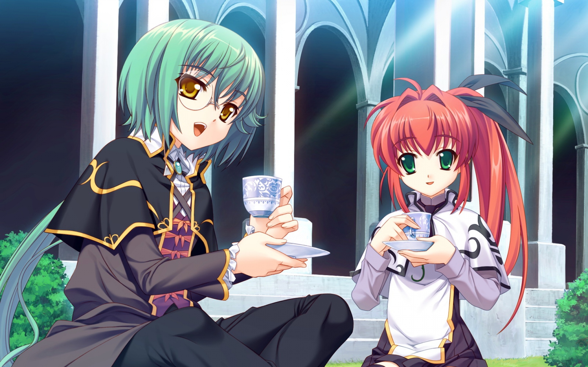 Картинки Kurosaki, boku no te no naka no rakuen, christiane duhring, luzie coulee, девушки, чашка, улыбка, очки, трава фото и обои на рабочий стол