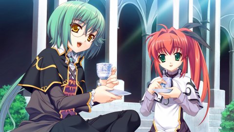 Kurosaki, boku no te no naka no rakuen, christiane duhring, luzie coulee, девушки, чашка, улыбка, очки, трава