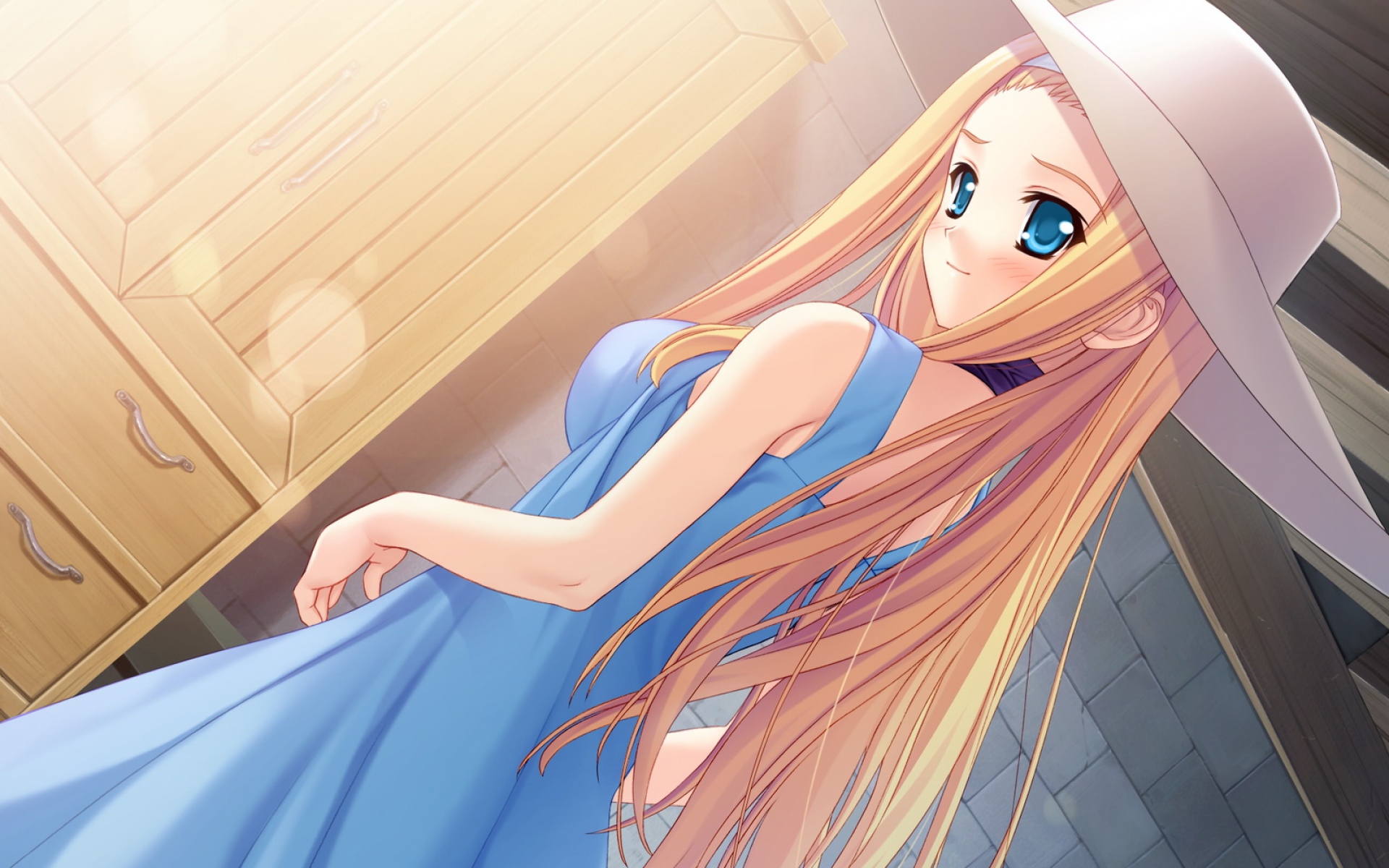 Картинки Kurosaki, boku no te no naka no rakuen, девушка, блондинка, платье, шляпа, улыбка фото и обои на рабочий стол
