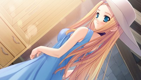 Kurosaki, boku no te no naka no rakuen, девушка, блондинка, платье, шляпа, улыбка