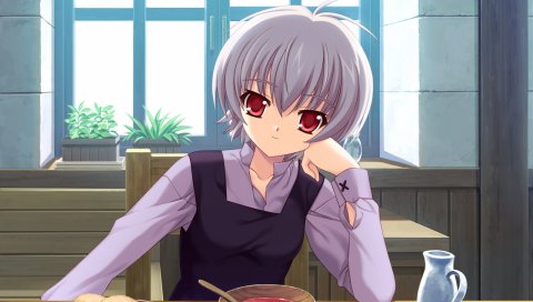 Kurosaki, boku no te no naka no rakuen, thea bohlscheid, девушка, улыбка, еда, стол