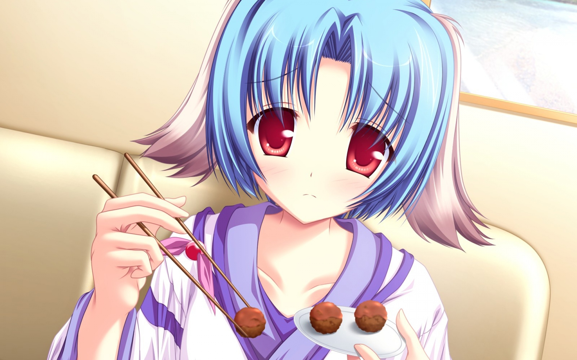 Картинки Tenmaso, inakoi, haruhi sarasa, красные глаза, синие волосы, уши, кимоно, еда, взгляд фото и обои на рабочий стол