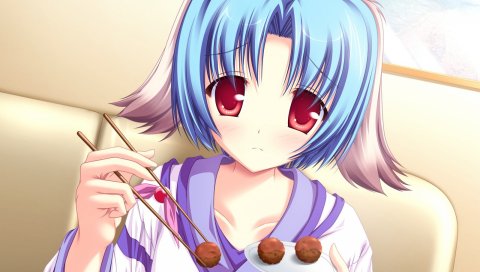 Tenmaso, inakoi, haruhi sarasa, красные глаза, синие волосы, уши, кимоно, еда, взгляд