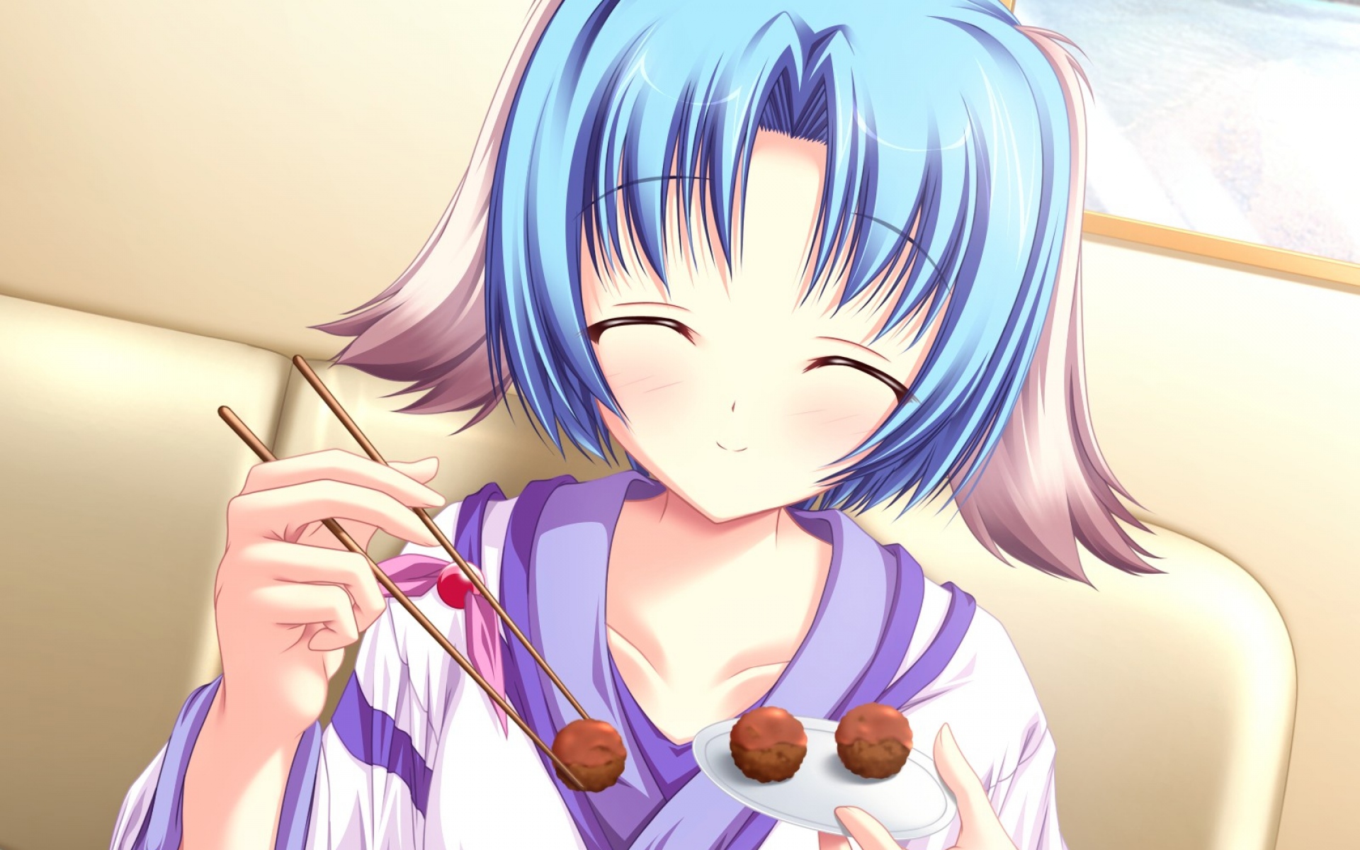 Картинки Tenmaso, inakoi, haruhi sarasa, девушка, синие волосы, уши, кимоно, еда фото и обои на рабочий стол