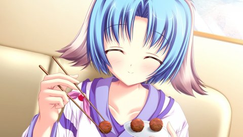 Tenmaso, inakoi, haruhi sarasa, девушка, синие волосы, уши, кимоно, еда