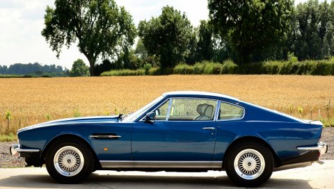 Aston martin, v8, салон, 1972, синий, вид сбоку, ретро, ??деревья