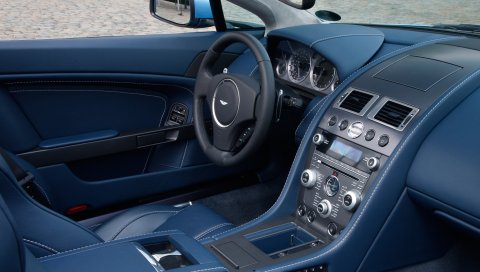 Aston martin, v8, vantage, 2008, синий, салон, салон, руль, спидометр