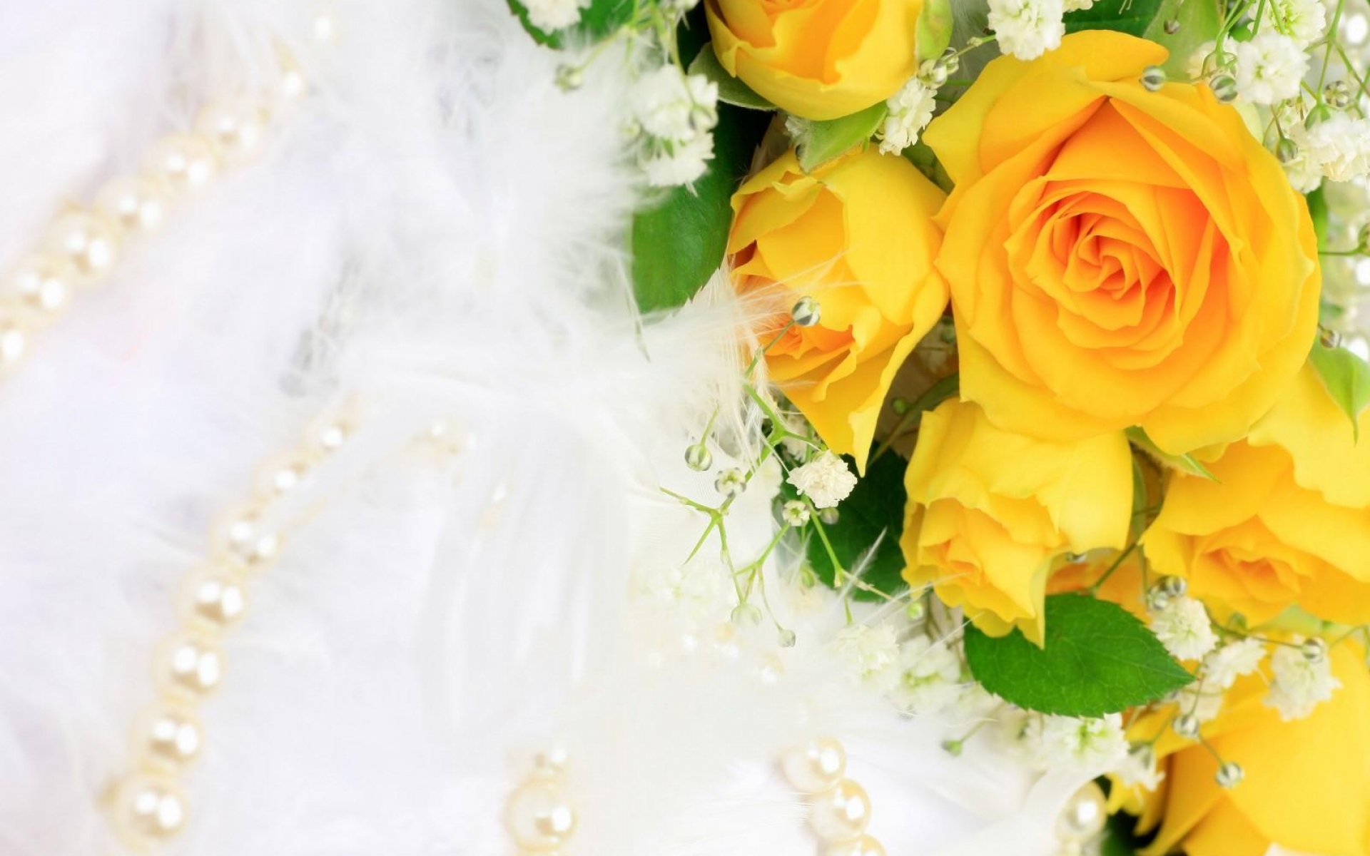 Картинки Розы, цветы, цветок, желтый, гипсофила, жемчуг, украшения фото и обои на рабочий стол