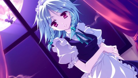 Motomiya mitsuki, remilia scarlet, izayoi sakuya, девушка, горничная, фартук, луна, ночь