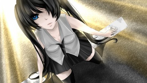 Вокалоид, hatsune miku, девушка, брюнетка, челка, синий глаз, асфальт