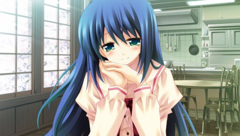Hanafubuki, amazuki setsuka, девушка, румянец, зеленые глаза, синие волосы, стол