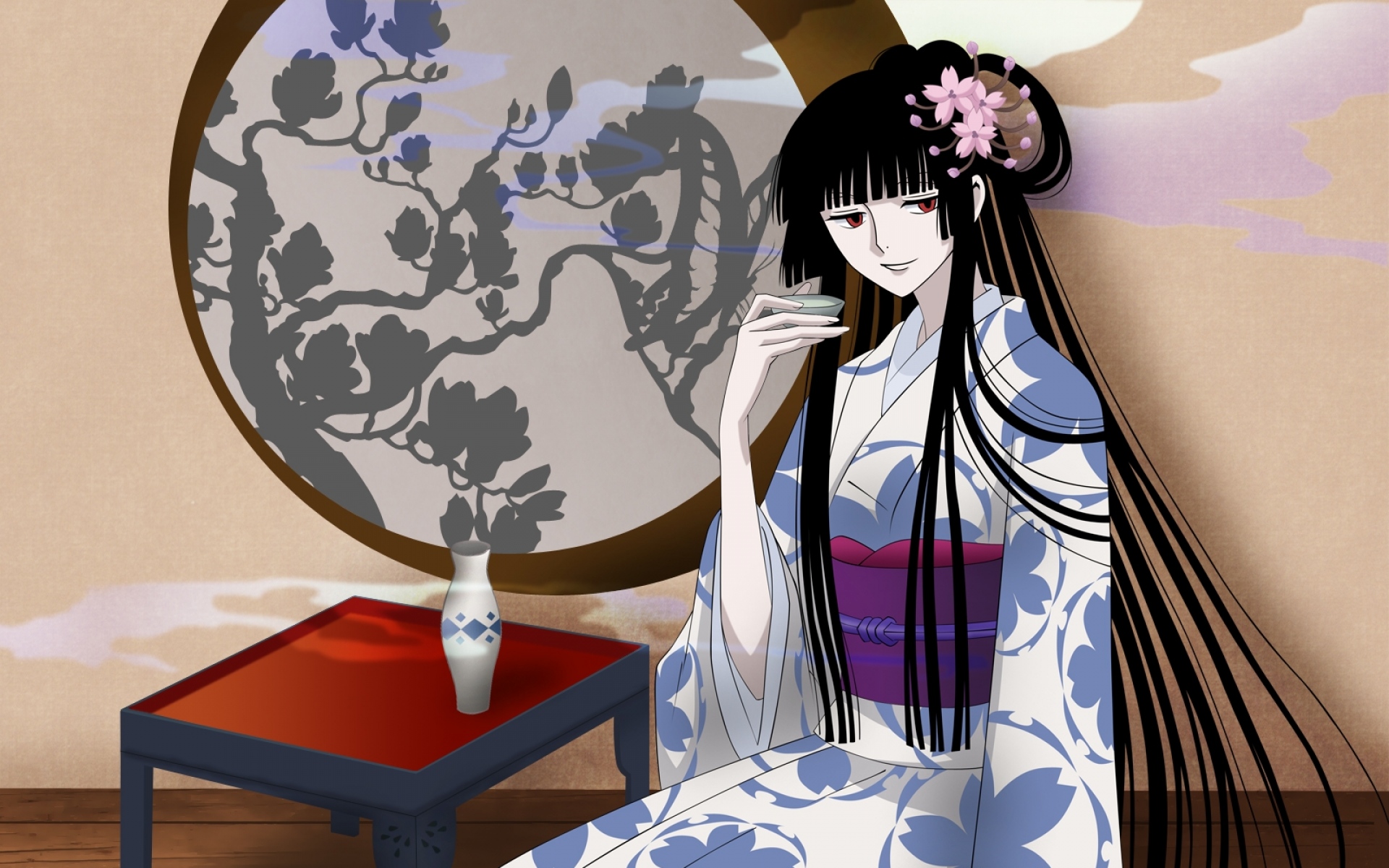 Картинки Ichihara yuuko, девушка, брюнетка, кимоно, сок, улыбка фото и обои на рабочий стол