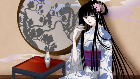 Ichihara yuuko, девушка, брюнетка, кимоно, сок, улыбка