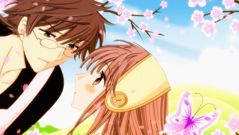 Kobato, hanato kobato, fujimoto kiyokazu, мальчик, девушка, очки, бабочка, весна, цветы