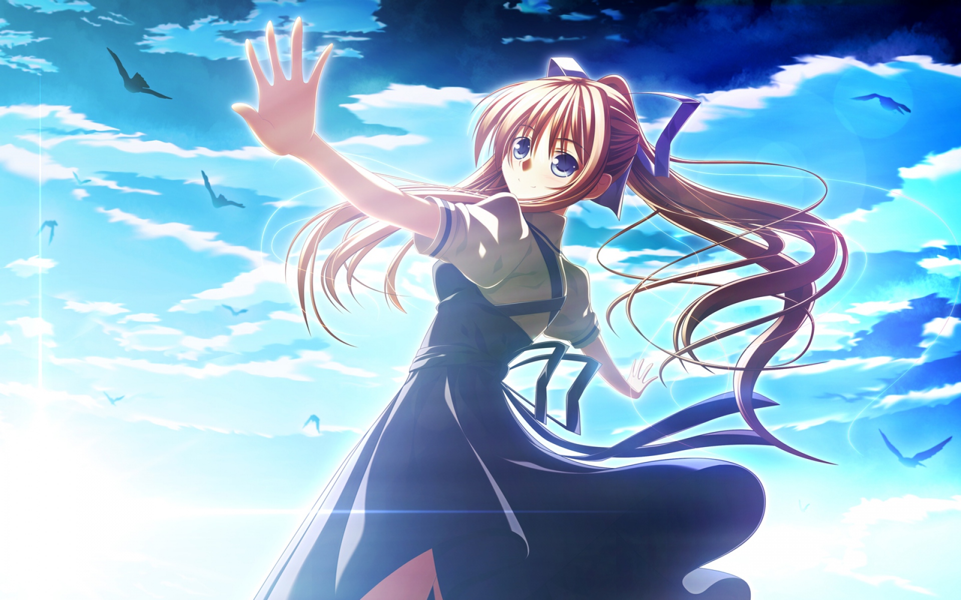 Картинки Hato, tarenekokurabu, kamio misuzu, девушка, улыбка, небо, птицы, платье фото и обои на рабочий стол