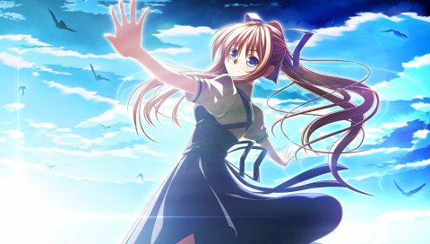 Hato, tarenekokurabu, kamio misuzu, девушка, улыбка, небо, птицы, платье