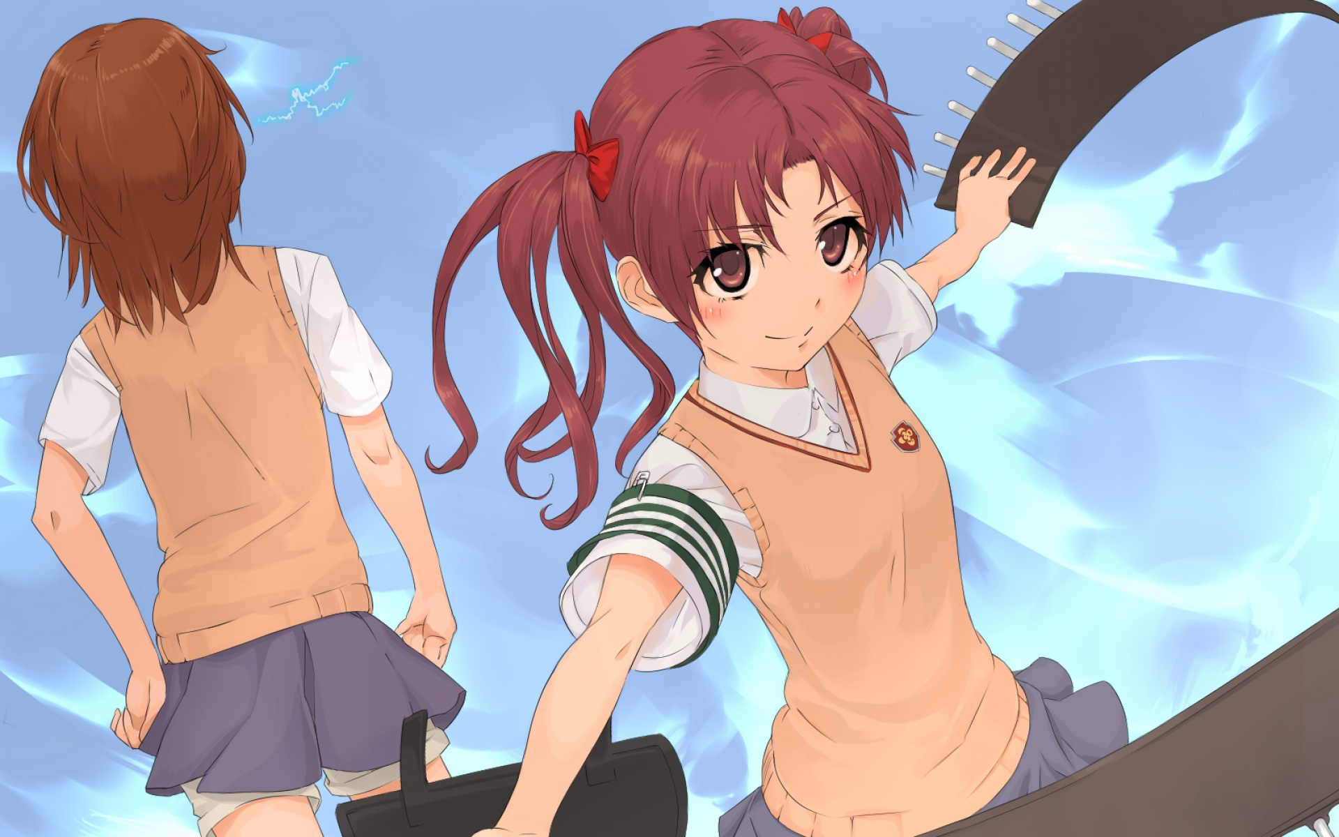 Картинки Olg, to aru majutsu no index, misaka mikoto, shirai kuroko, девушка, улыбка, небо, юбка фото и обои на рабочий стол