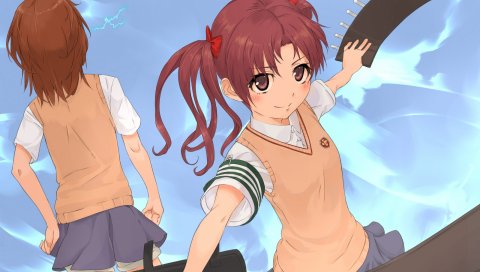 Olg, to aru majutsu no index, misaka mikoto, shirai kuroko, девушка, улыбка, небо, юбка