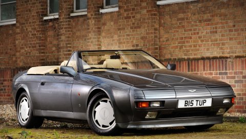 Aston martin, v8, volante, 1988, серый, вид сбоку, стиль, здание