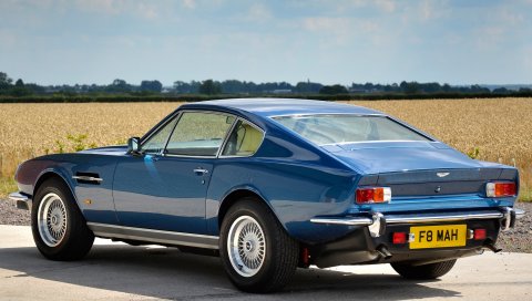 Aston martin, v8, салон, 1972, синий, вид сзади, автомобиль, природа